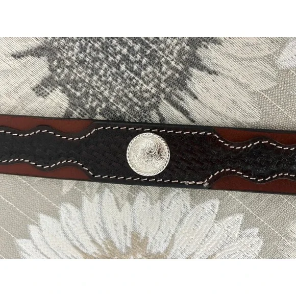 American Bison Mens Western Leather Belt Brown Black Basketweave  Size 34-36 - Picture 4 of 5